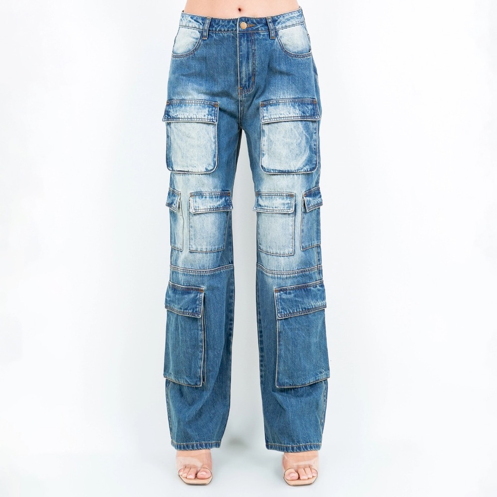 Women's Blue Cargo Jeans Streetwear wide leg baggy 90s style